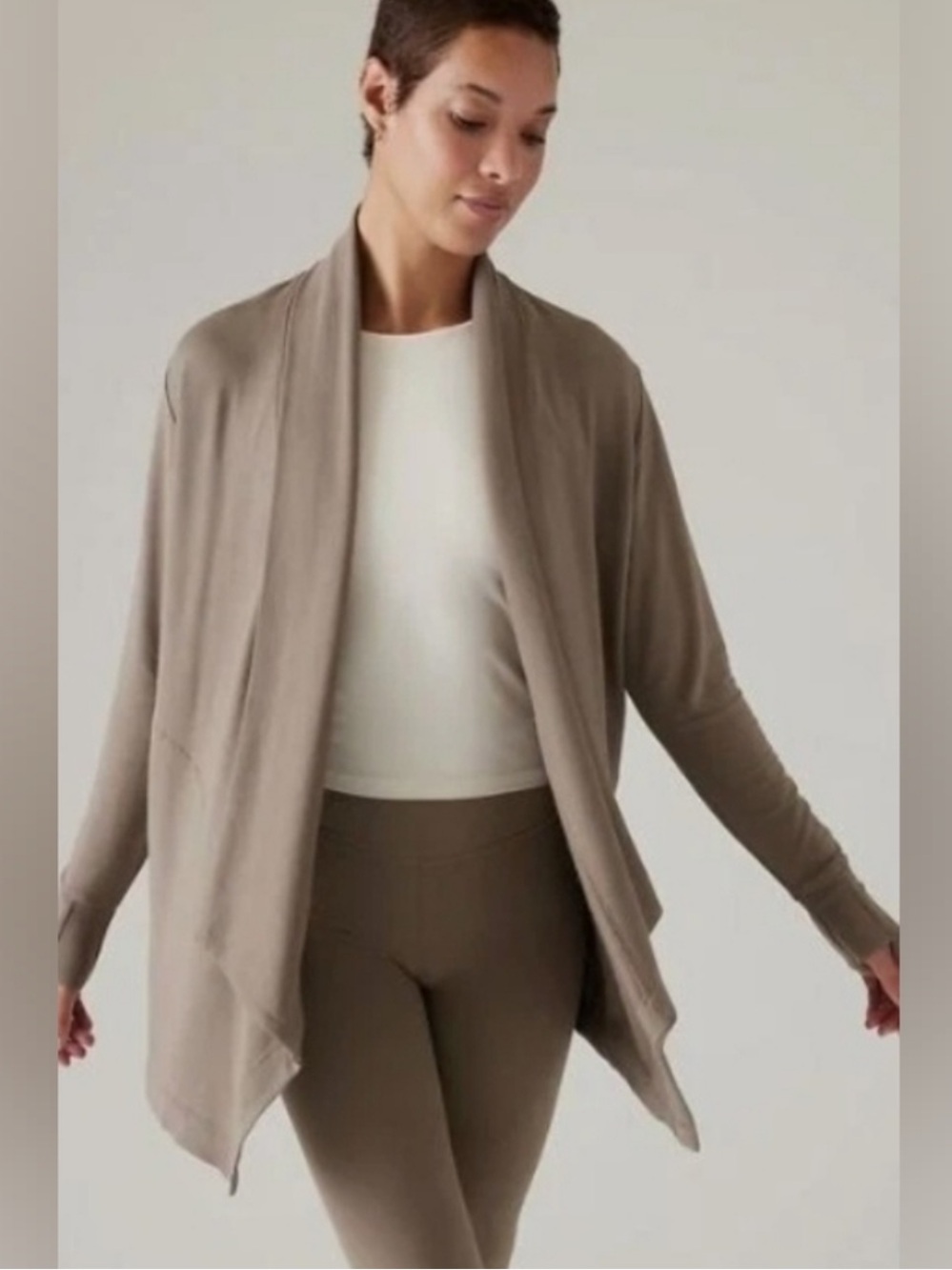 Athleta Pranayama Draped Open-Front Cardigan in Pyrite Brown